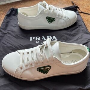 Authentic Prada Brushed Leather Sneaker ‘white green’ mens size 7 1/2